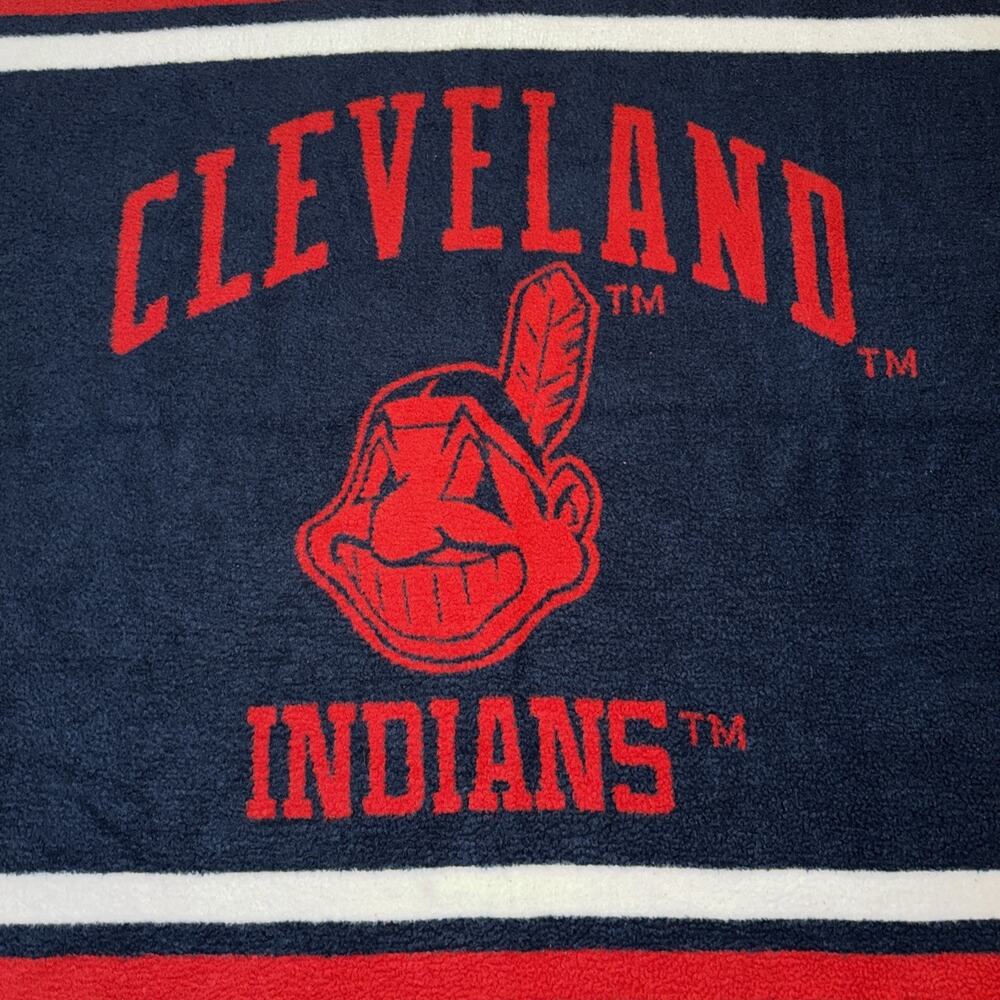 Biederlack Cleveland Indians Chief Wahoo Blanket 52” X 48” Blue Red VTG - Picture 2 of 5